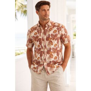 Banana Republic Linen Slim Fit Tropical Camp Short Sleeve Shirt Rust Cream Large